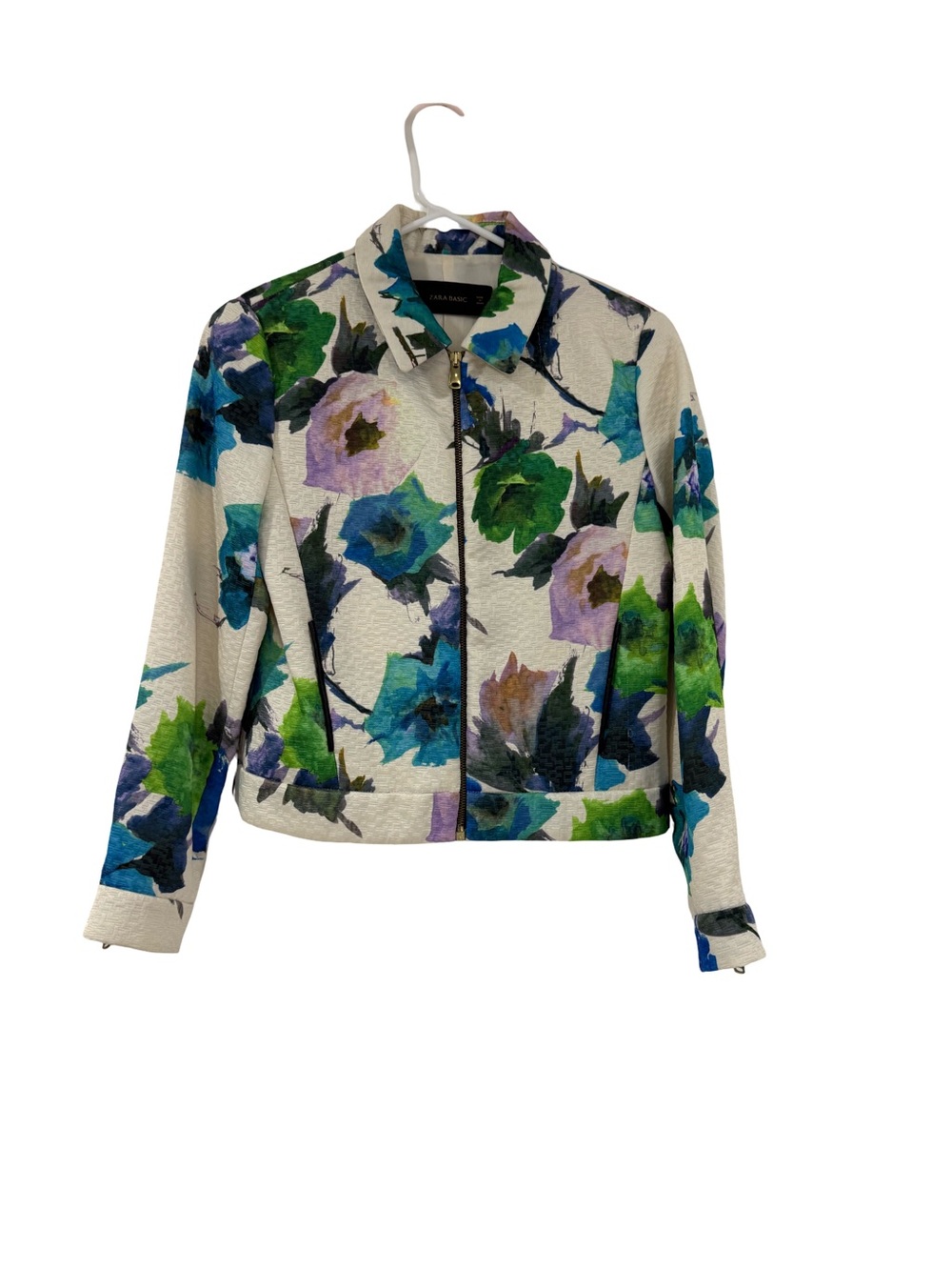 Zara Floral Bomber Jacket in White, Green, Blue, Purple